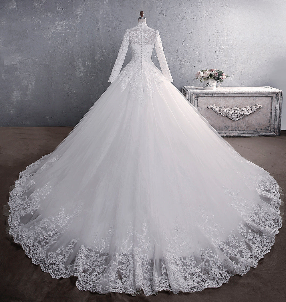 Lace Wedding Dress with Stand-Up Collar and Long Sleeves