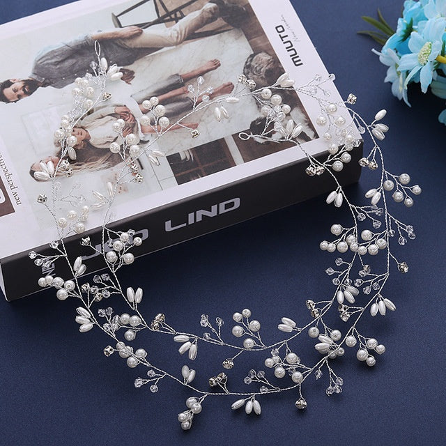 Bride's Long Hair Band - Elegant Wedding Hair Accessory with Crystals and Pearls