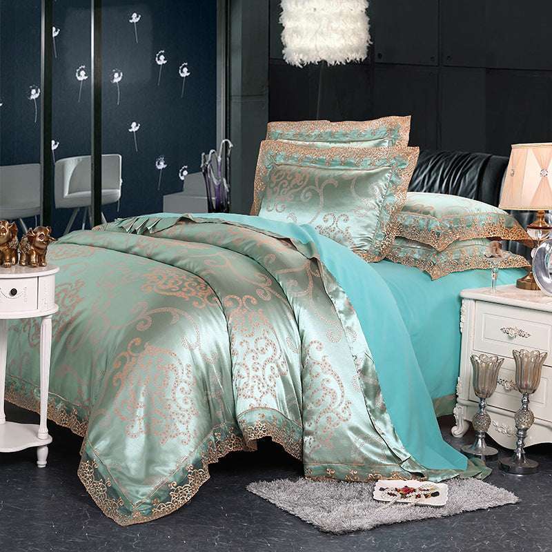 European Style Jacquard Satin Four-Piece Cotton Bedding Set with Romantic Lace