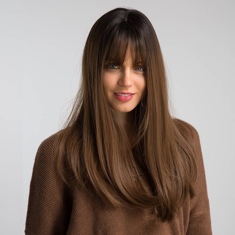 Elegant Black-Brown Gradient Long Straight Wig with Qi Bangs for Women – Heat-Resistant, Glamorous and Stylish