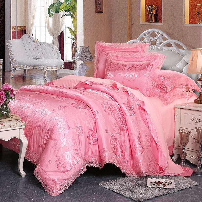 European Style Jacquard Satin Four-Piece Cotton Bedding Set with Romantic Lace