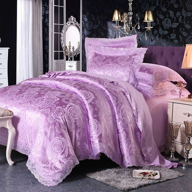 European Style Jacquard Satin Four-Piece Cotton Bedding Set with Romantic Lace