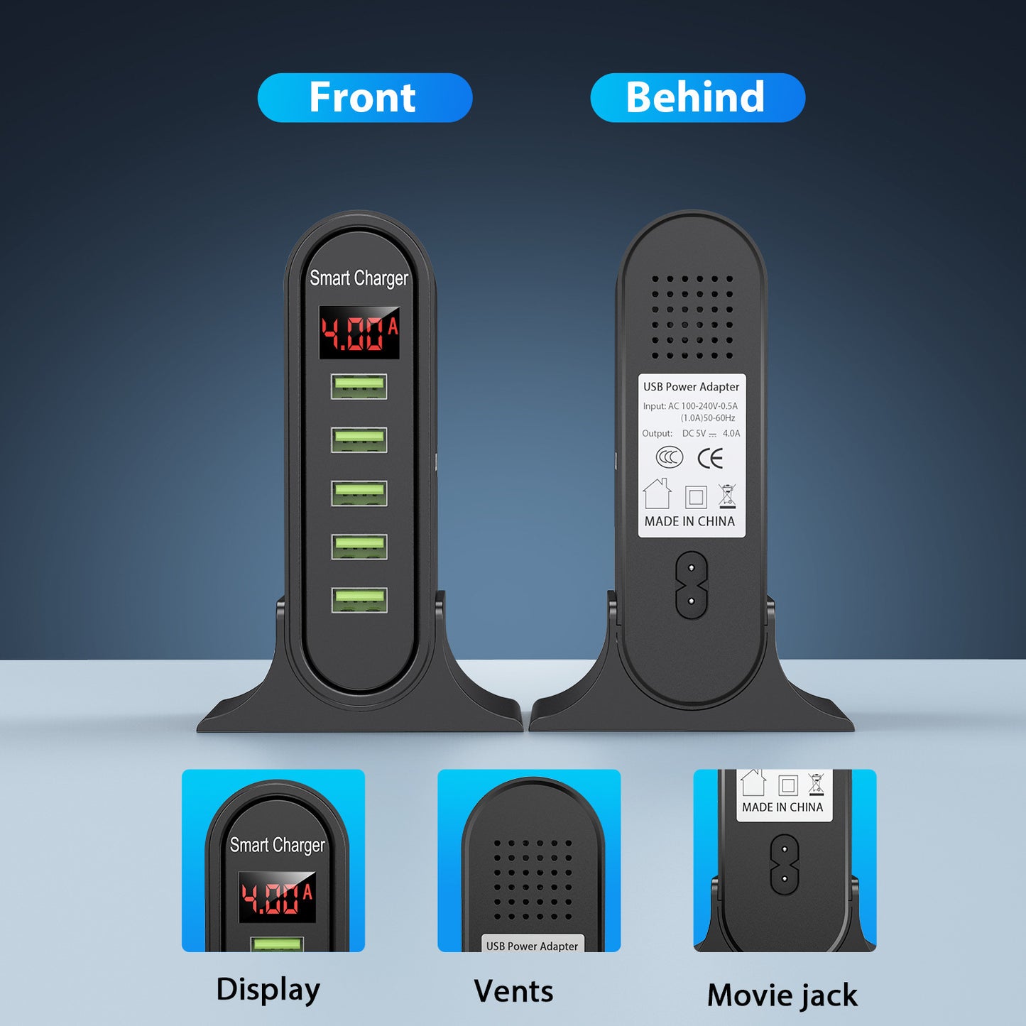 USB 5-Port Digital Display Charger – Smart Desktop Charging Station