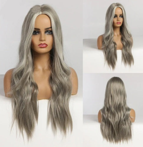 Long Curly Gray Wig for Women – 70 cm, European & American Style, Glamorous and Versatile