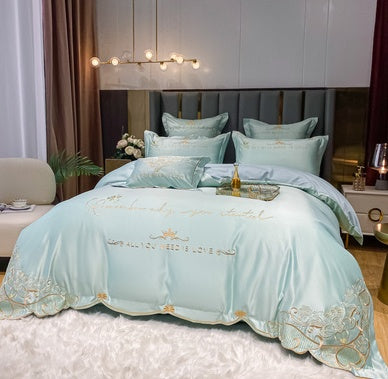 Pure Cotton Tencel Embroidery 4-Piece Sheet and  Duvet Cover Set – Cooling Comfort and Luxury