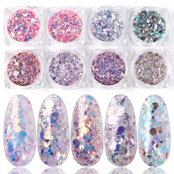 8 Box Mix Glitter Nail Art Powder Flakes Set – Holographic Iridescent Nail Art Glitter