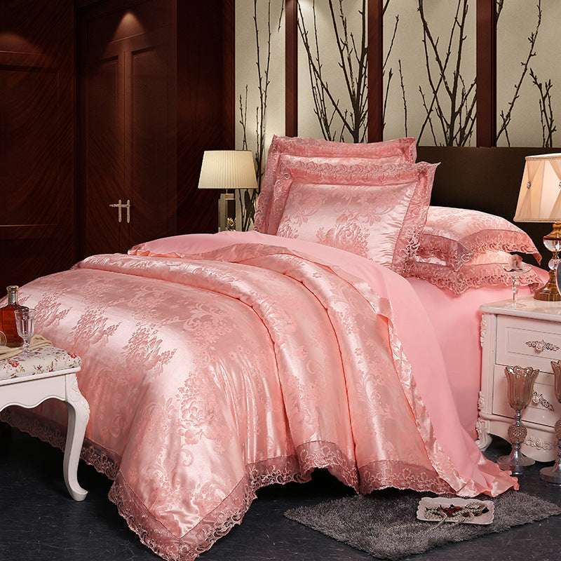 European Style Jacquard Satin Four-Piece Cotton Bedding Set with Romantic Lace