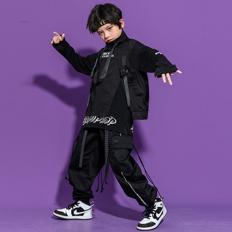 Trendy Hip-Hop Outfit for Kids – Cotton Black Set with Long Sleeve Top, Pants, and Vest