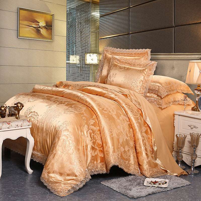 European Style Jacquard Satin Four-Piece Cotton Bedding Set with Romantic Lace