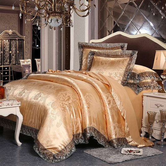 European Style Jacquard Satin Four-Piece Cotton Bedding Set with Romantic Lace