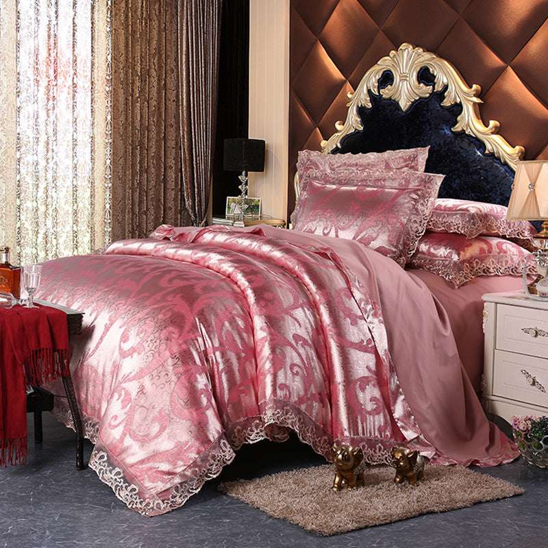 European Style Jacquard Satin Four-Piece Cotton Bedding Set with Romantic Lace