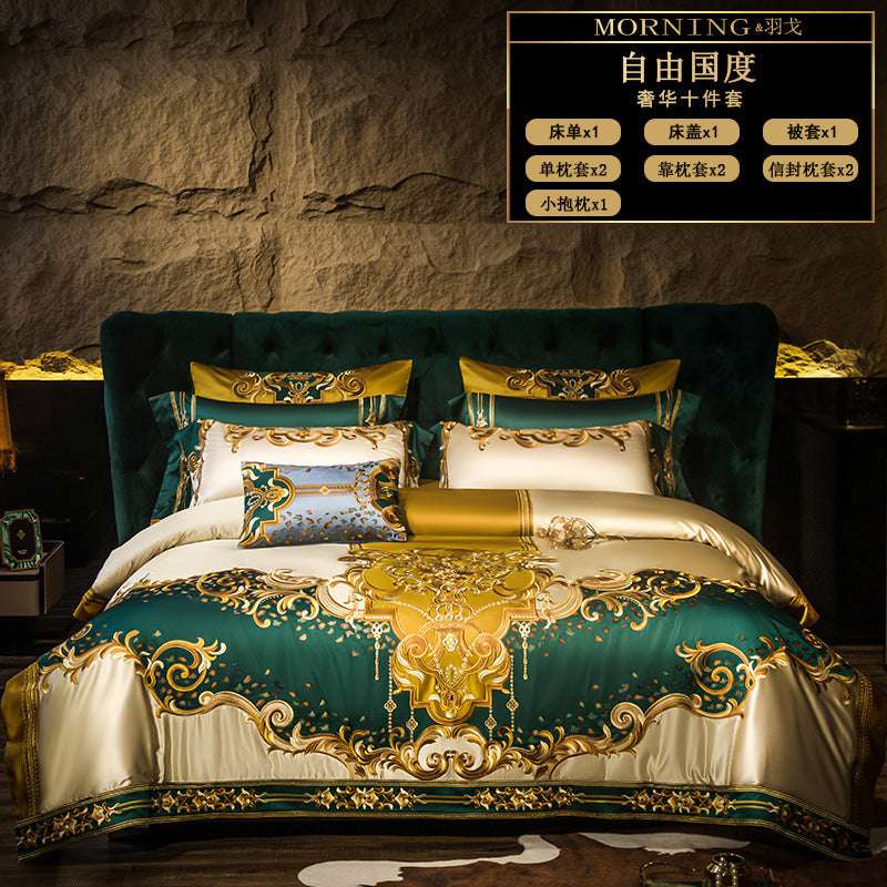 Villa European-Style Four-Piece Bedding Set – Elegant Satin Embroidered Bed Sheet and Bedspread