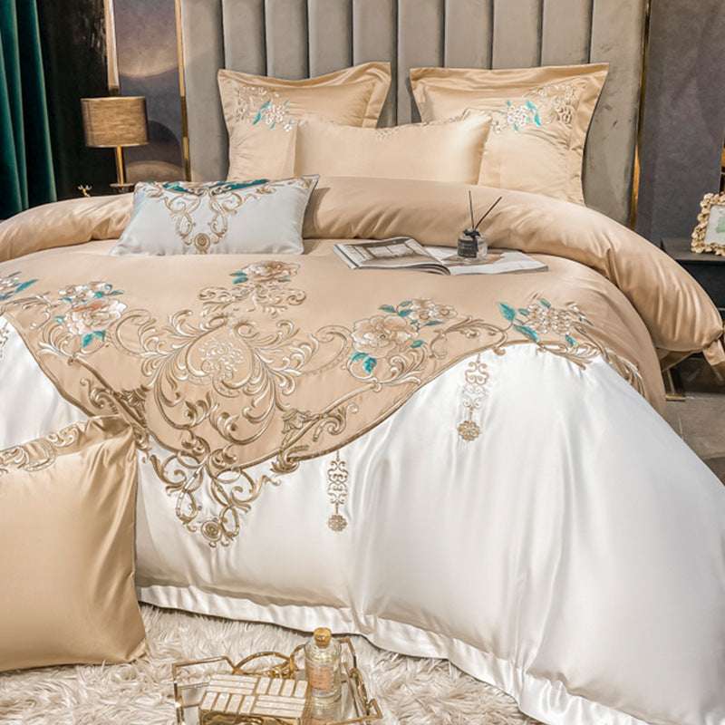 European Champagne Flower Embroidery Four-Piece Luxury Bedding Set