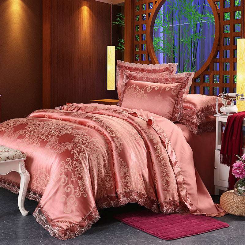 European Style Jacquard Satin Four-Piece Cotton Bedding Set with Romantic Lace