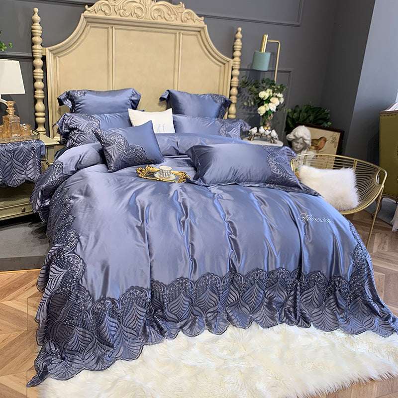 European Style Four-Piece Silk Cotton Bedding Set – Elena Champagne Gold and Purple-Gray