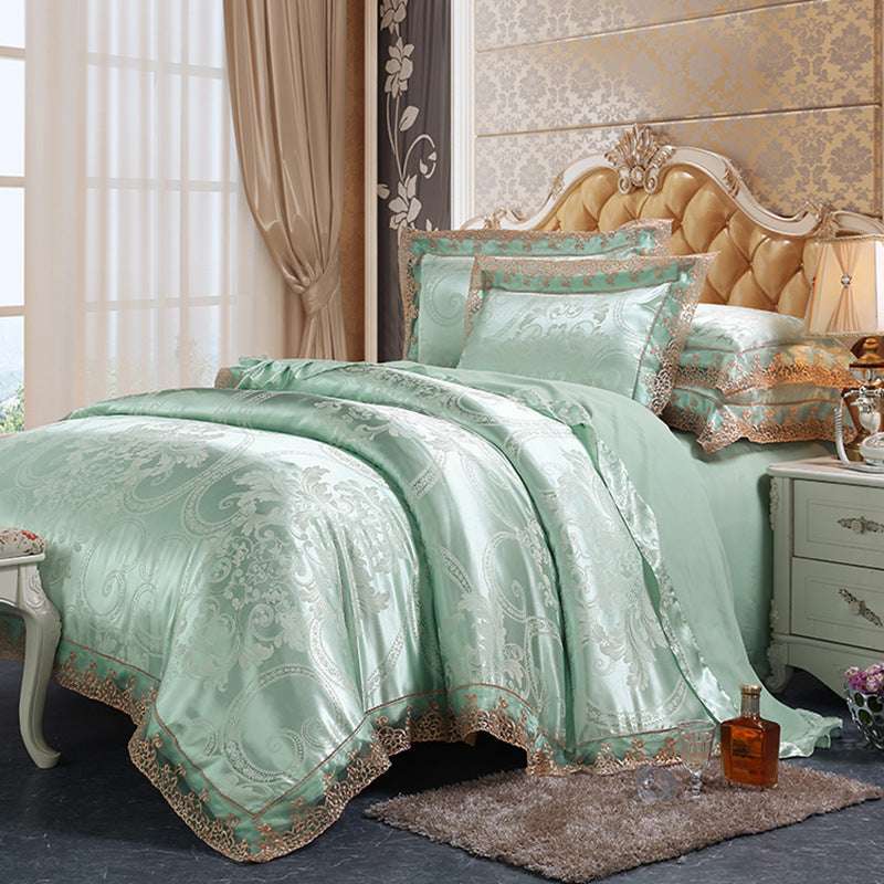 European Style Jacquard Satin Four-Piece Cotton Bedding Set with Romantic Lace