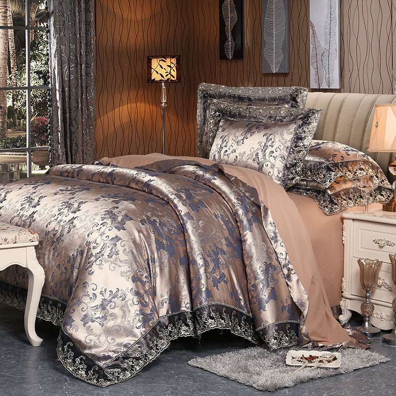 European Style Jacquard Satin Four-Piece Cotton Bedding Set with Romantic Lace