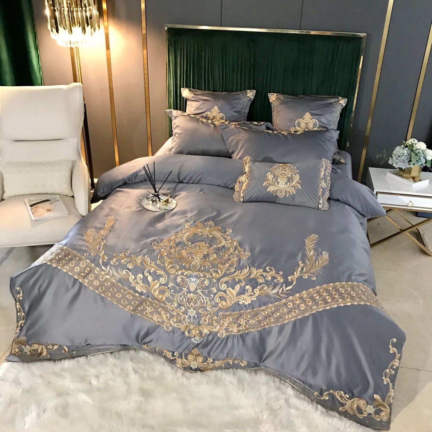 Ice Silk Duvet Cover Bedding Set – European Style Personalized Embroidered Bedding Set