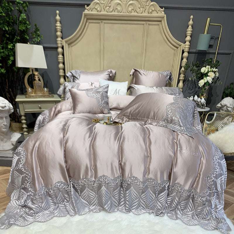 European Style Four-Piece Silk Cotton Bedding Set – Elena Champagne Gold and Purple-Gray