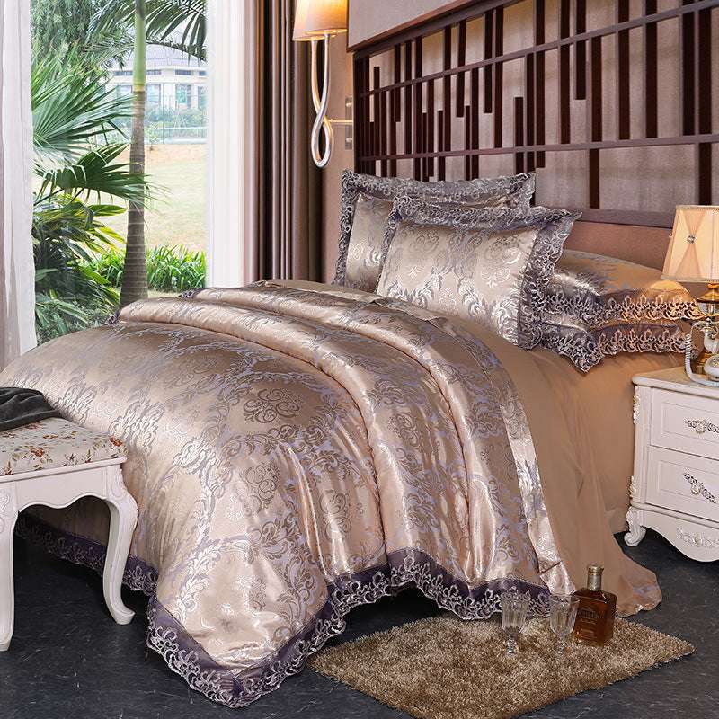 European Style Jacquard Satin Four-Piece Cotton Bedding Set with Romantic Lace