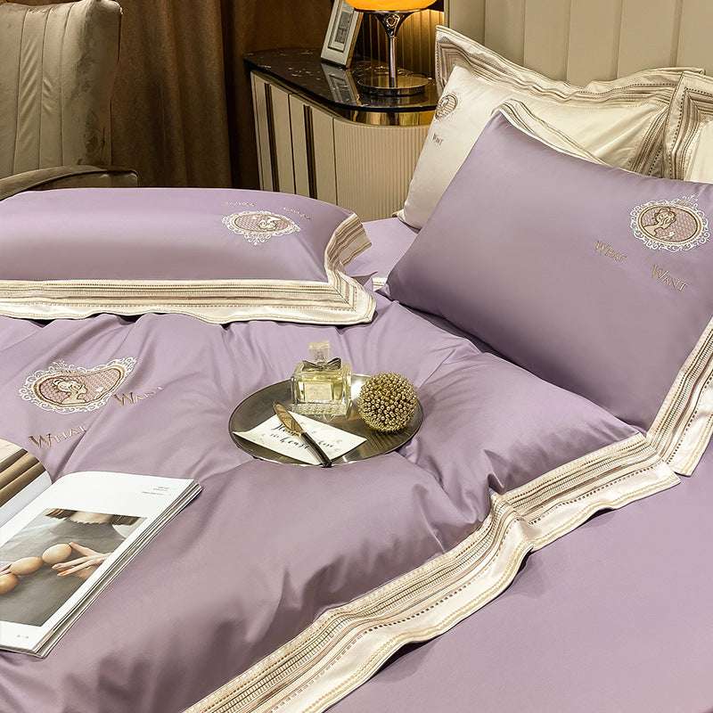 Elegant Cotton Satin Quilt Cover Bed Plain Color Bedding Set