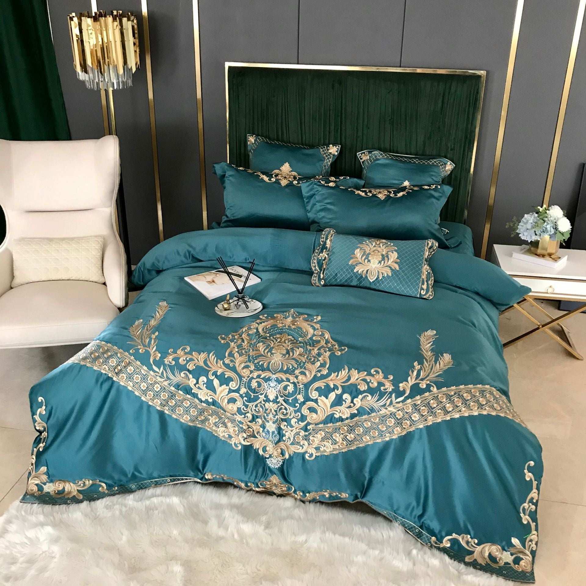 Ice Silk Duvet Cover Bedding Set – European Style Personalized Embroidered Bedding Set