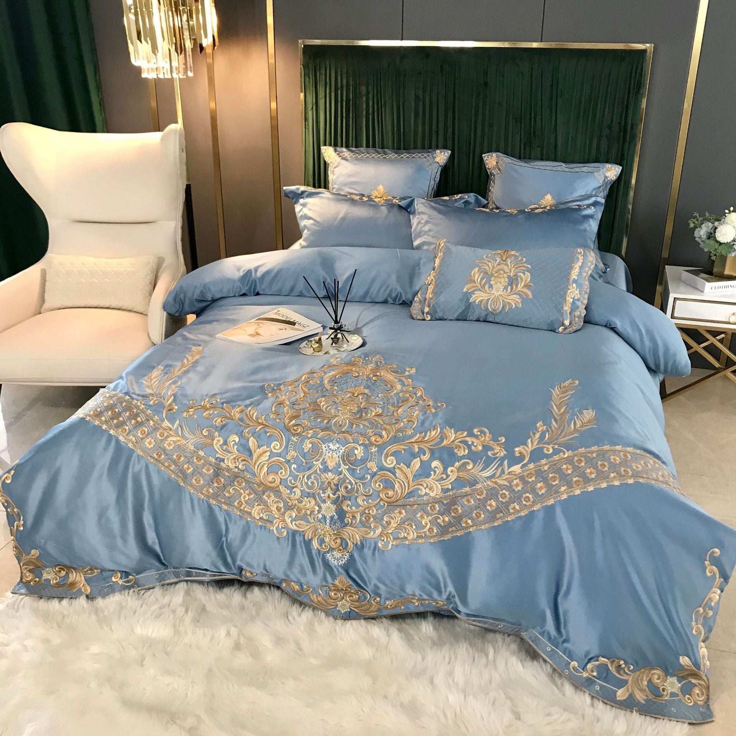 Ice Silk Duvet Cover Bedding Set – European Style Personalized Embroidered Bedding Set