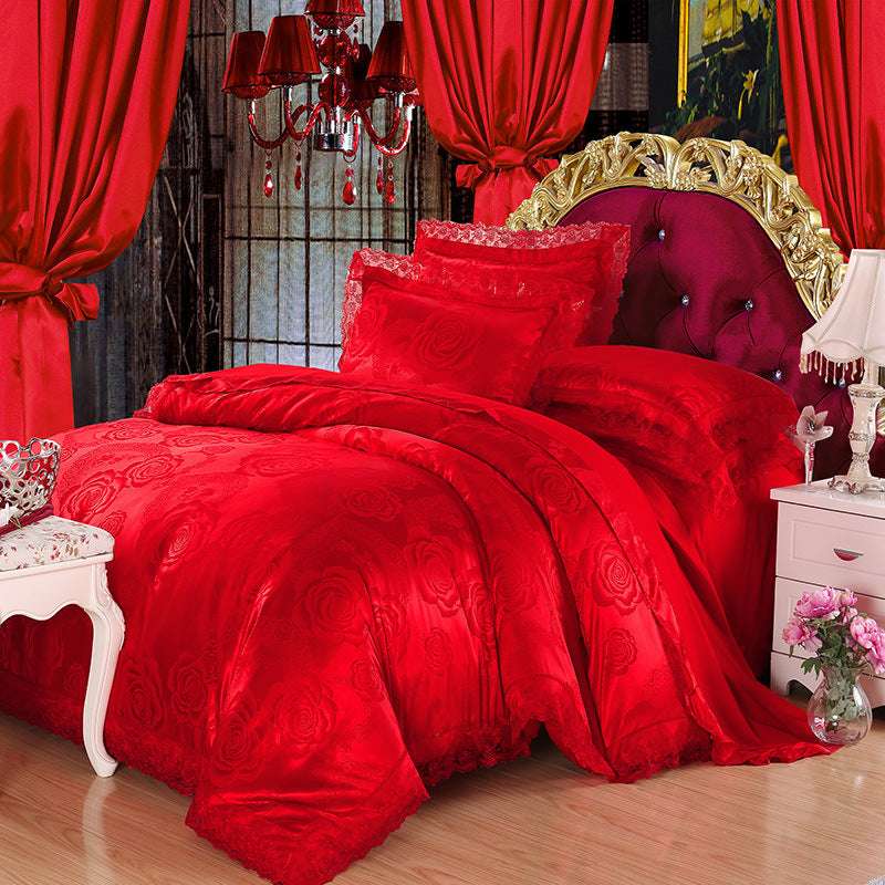 European Style Jacquard Satin Four-Piece Cotton Bedding Set with Romantic Lace