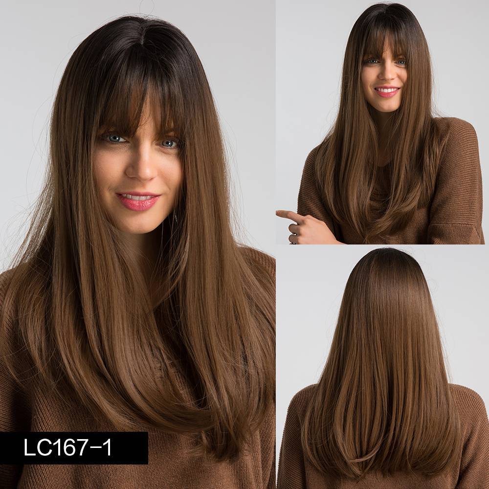 Elegant Black-Brown Gradient Long Straight Wig with Qi Bangs for Women – Heat-Resistant, Glamorous and Stylish