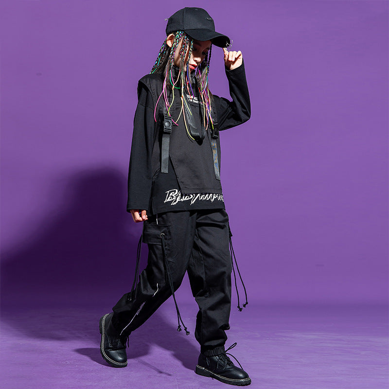 Trendy Hip-Hop Outfit for Kids – Cotton Black Set with Long Sleeve Top, Pants, and Vest