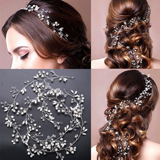 Bride's Long Hair Band - Elegant Wedding Hair Accessory with Crystals and Pearls