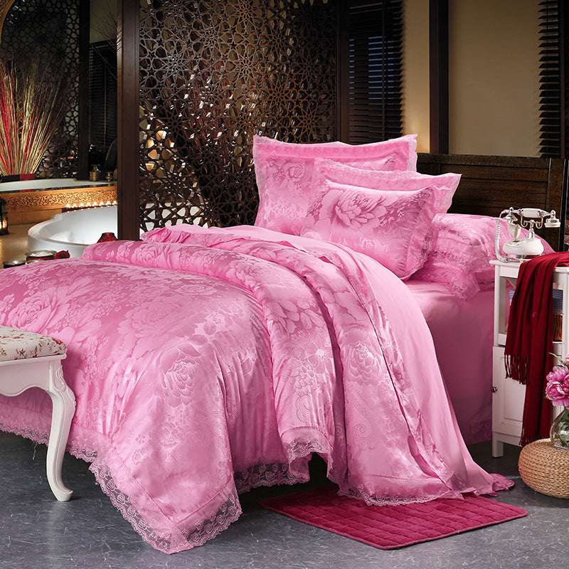 European Style Jacquard Satin Four-Piece Cotton Bedding Set with Romantic Lace