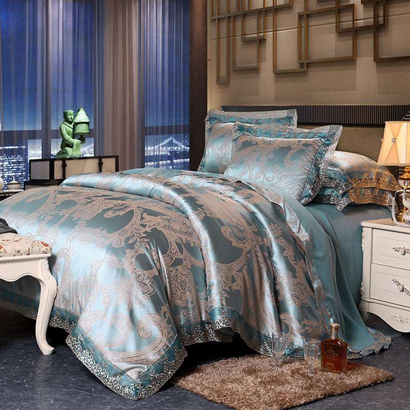 European Style Jacquard Satin Four-Piece Cotton Bedding Set with Romantic Lace