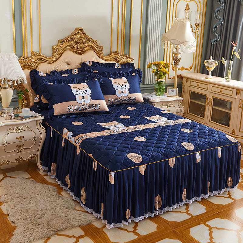 Thick Quilted Bedspread and Bed Skirt Bedding Set with Pillowcases