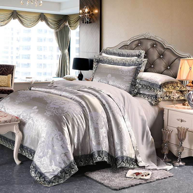 European Style Jacquard Satin Four-Piece Cotton Bedding Set with Romantic Lace