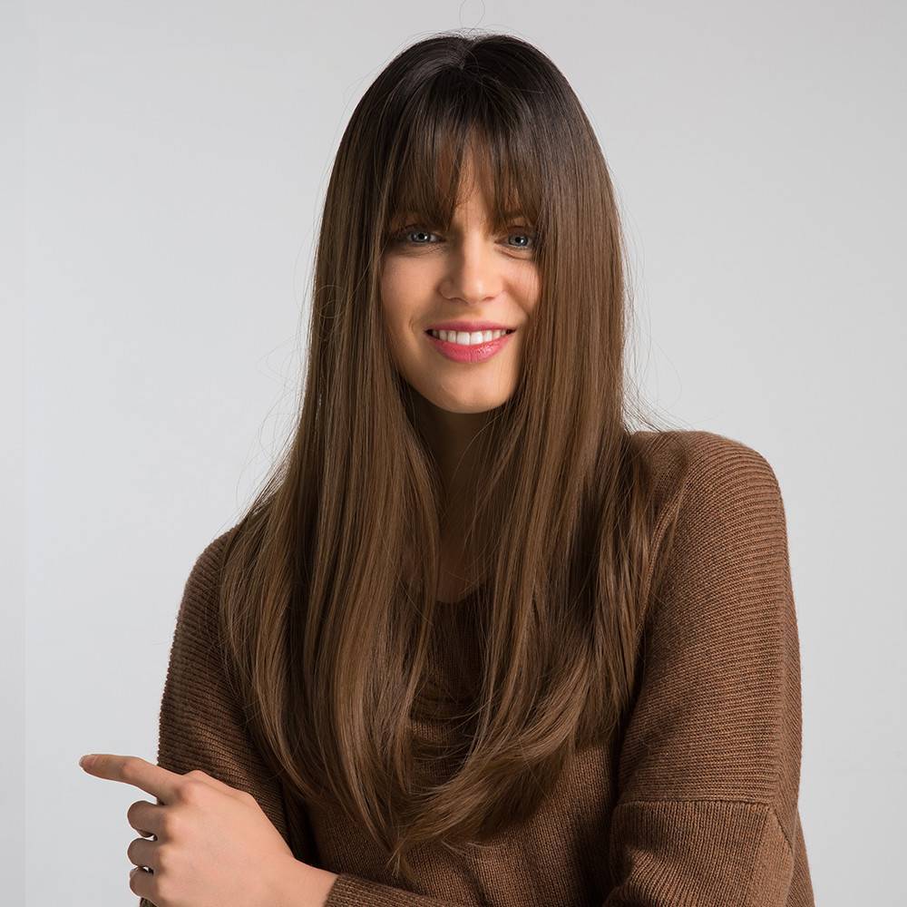 Elegant Black-Brown Gradient Long Straight Wig with Qi Bangs for Women – Heat-Resistant, Glamorous and Stylish