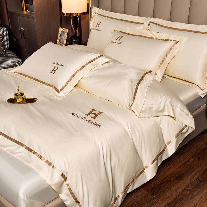 Home Fashion Simple Ice Silk Bed Sheet Covers Four-Piece Set – Luxurious and Minimalist