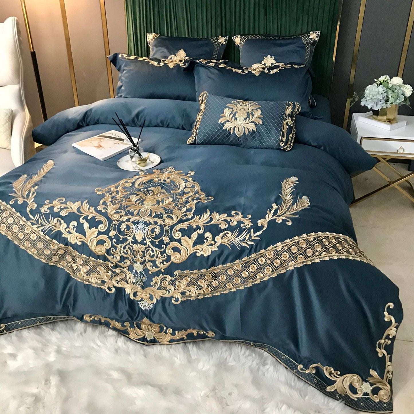 Ice Silk Duvet Cover Bedding Set – European Style Personalized Embroidered Bedding Set