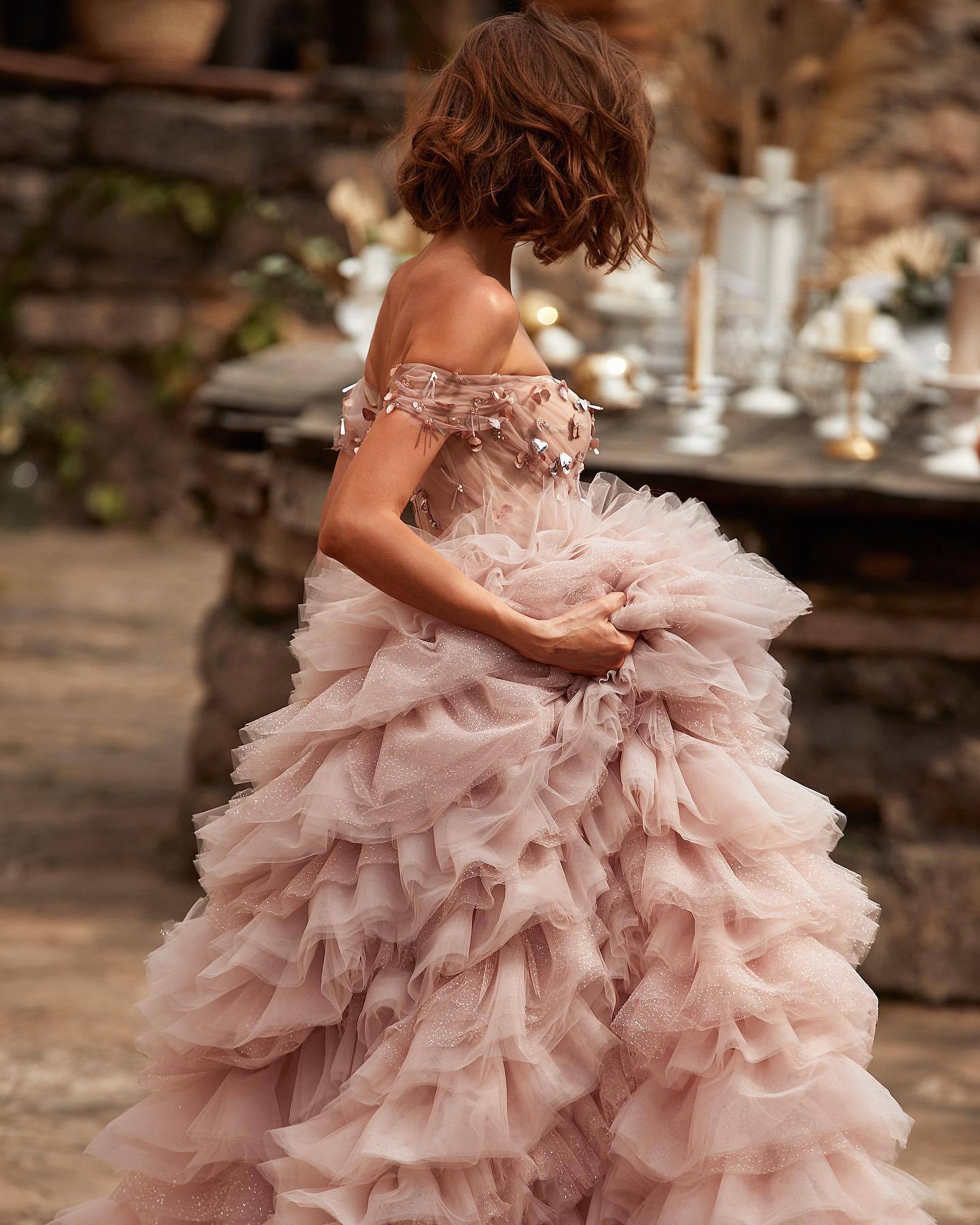 Shoulder-sweeping princess bridal gown-elegant pink