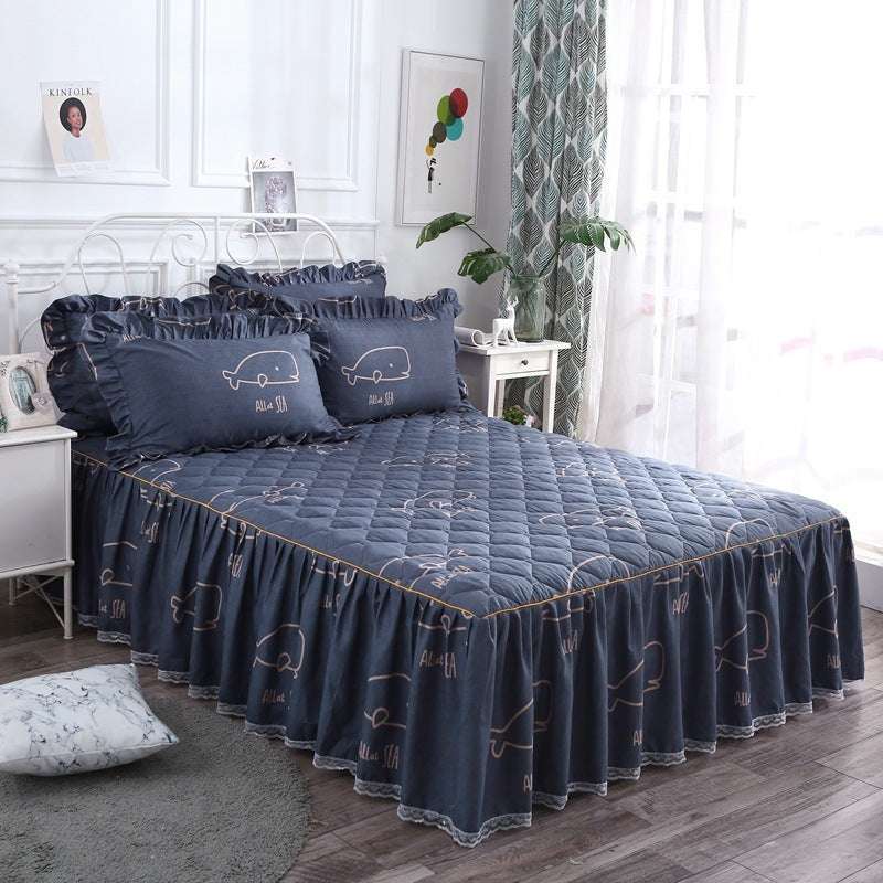 Thick Quilted Bedspread and Bed Skirt Bedding Set with Pillowcases