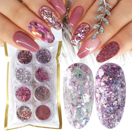 8 Box Mix Glitter Nail Art Powder Flakes Set – Holographic Iridescent Nail Art Glitter