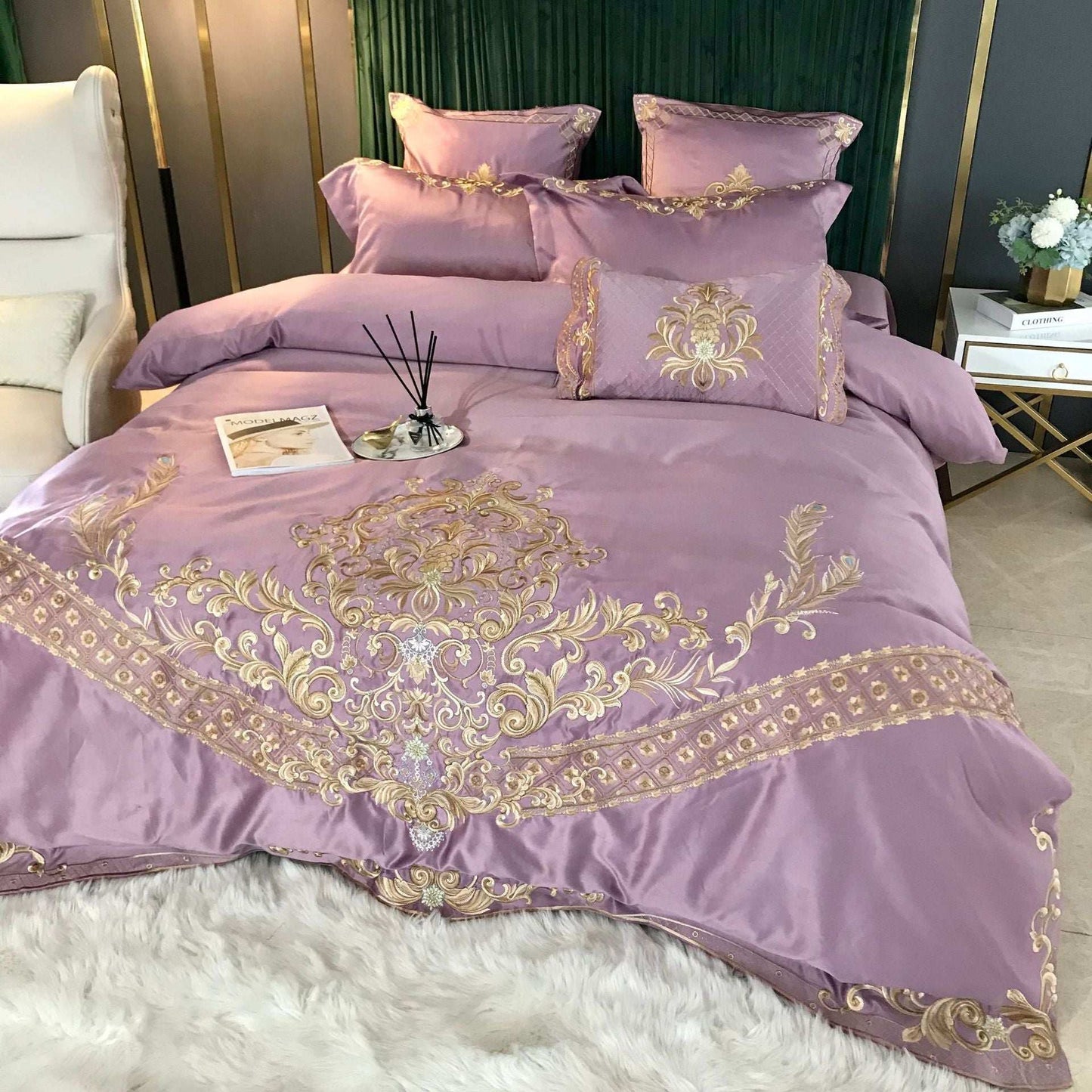 Ice Silk Duvet Cover Bedding Set – European Style Personalized Embroidered Bedding Set