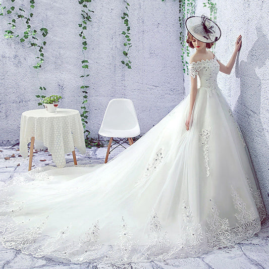 Wedding Dress with One Shoulder Strap and Trailing French Veil – Hepburn Style for the Modern Bride