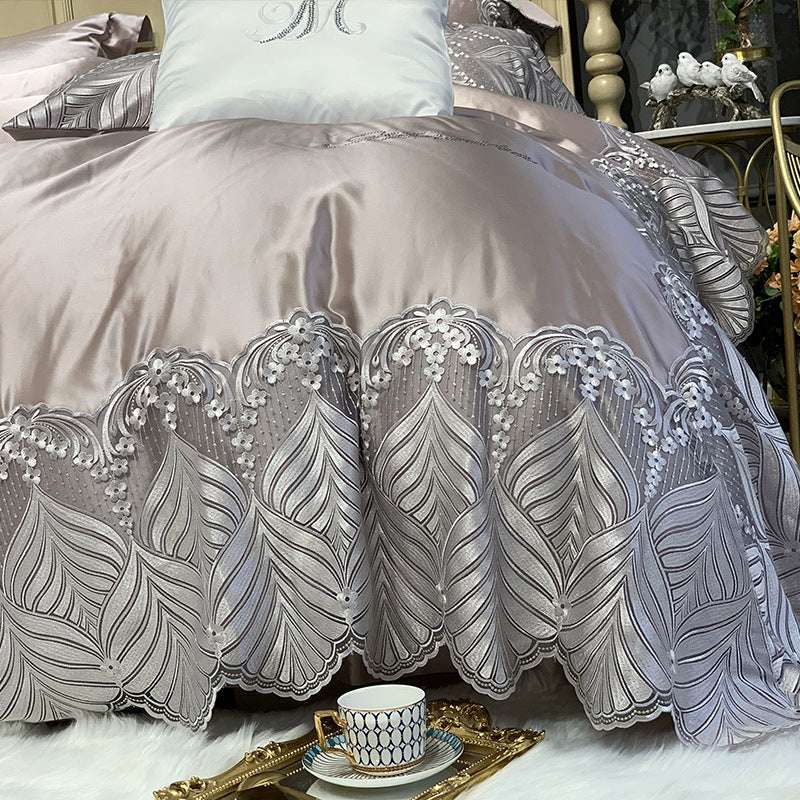 European Style Four-Piece Silk Cotton Bedding Set – Elena Champagne Gold and Purple-Gray