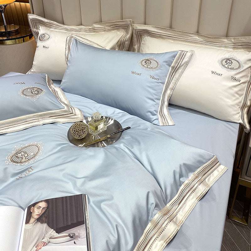 Elegant Cotton Satin Quilt Cover Bed Plain Color Bedding Set