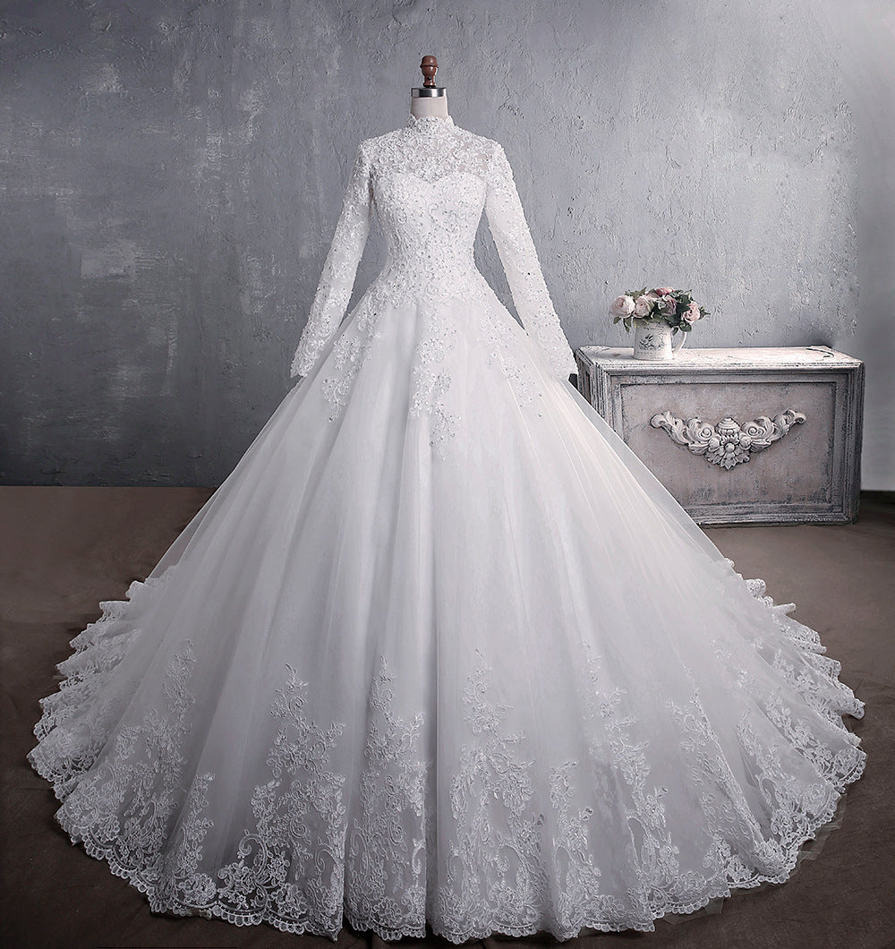 Lace Wedding Dress with Stand-Up Collar and Long Sleeves