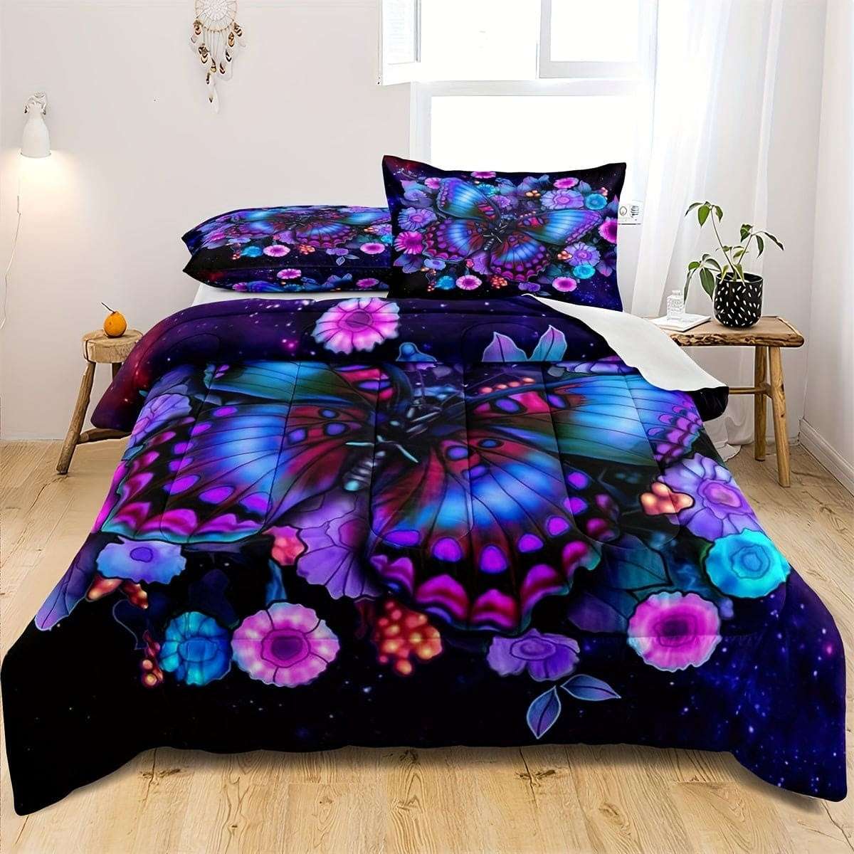 Mushroom House Butterfly Bedding Three-Piece Home Textile Set – Cartoon Anime Design