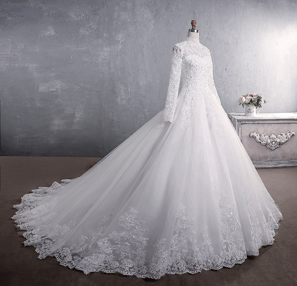 Lace Wedding Dress with Stand-Up Collar and Long Sleeves