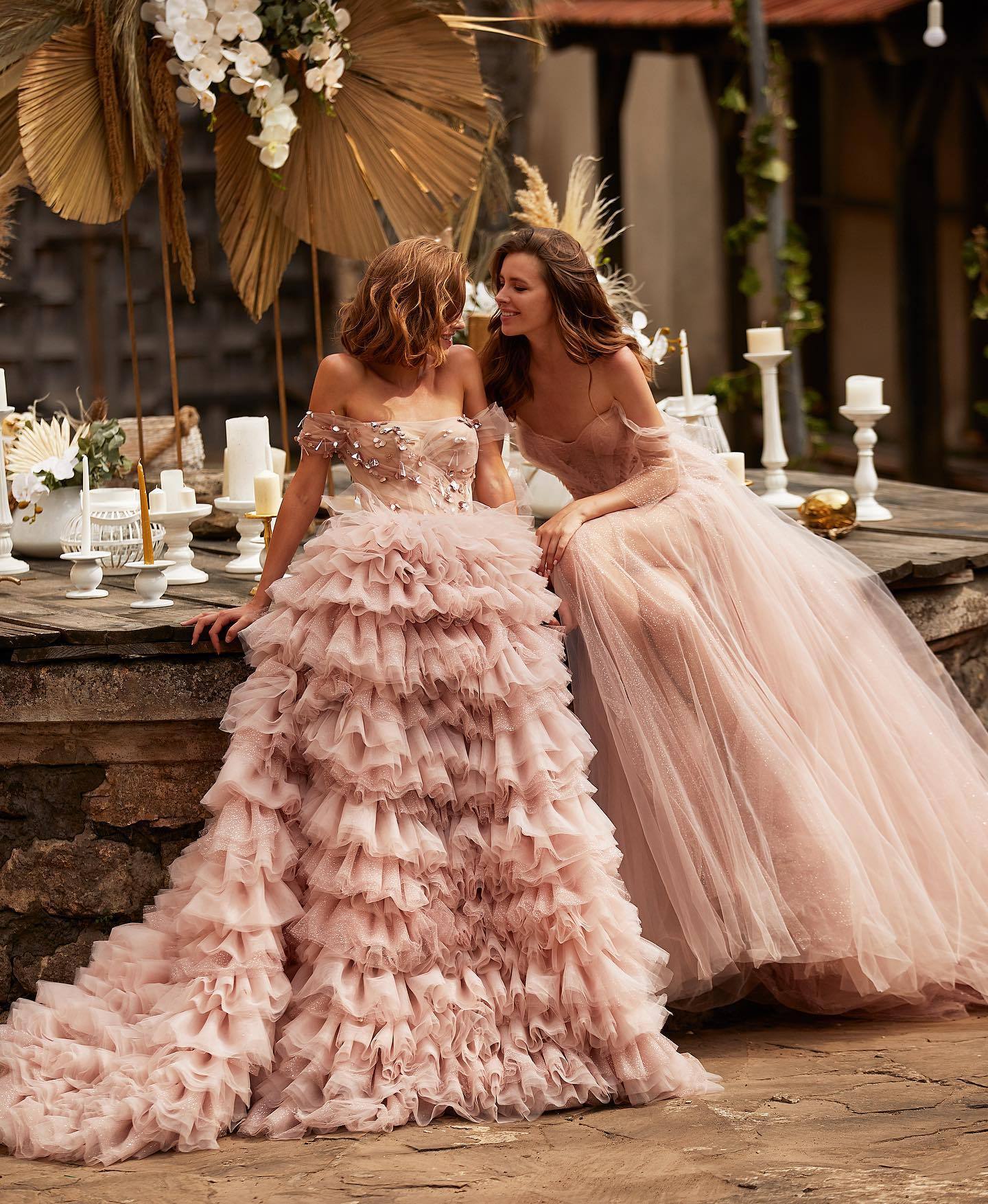 Shoulder-sweeping princess bridal gown-elegant pink