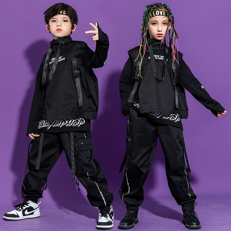 Trendy Hip-Hop Outfit for Kids – Cotton Black Set with Long Sleeve Top, Pants, and Vest